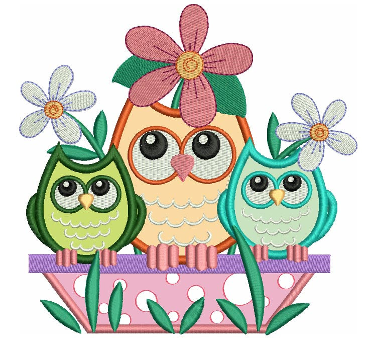 Three owls on a branch Applique Machine Embroidery Digitized Design Pattern