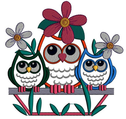 Three owls on a branch Applique Machine Embroidery Digitized Design Pattern