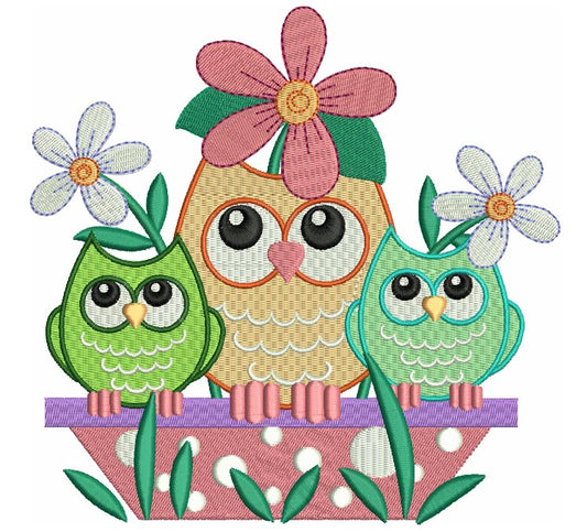 Three owls on a branch Filled Machine Embroidery Digitized Design Pattern