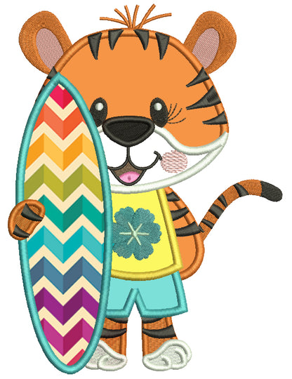 Tiger Boy With Surfboard Summer Applique Machine Embroidery Design Digitized Pattern