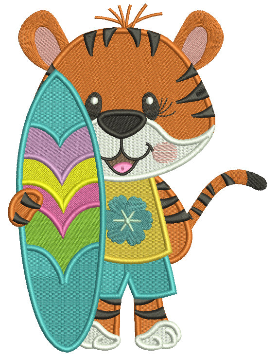 Tiger Boy With Surfboard Summer Filled Machine Embroidery Design Digitized Pattern