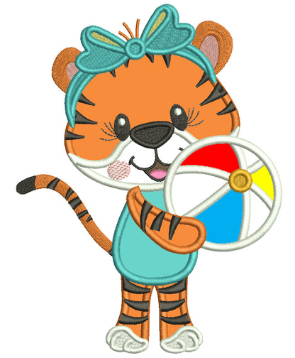 Tiger Girl With a Beach Ball Summer Applique Machine Embroidery Design Digitized Pattern
