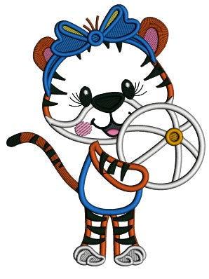 Tiger Girl With a Beach Ball Summer Applique Machine Embroidery Design Digitized Pattern
