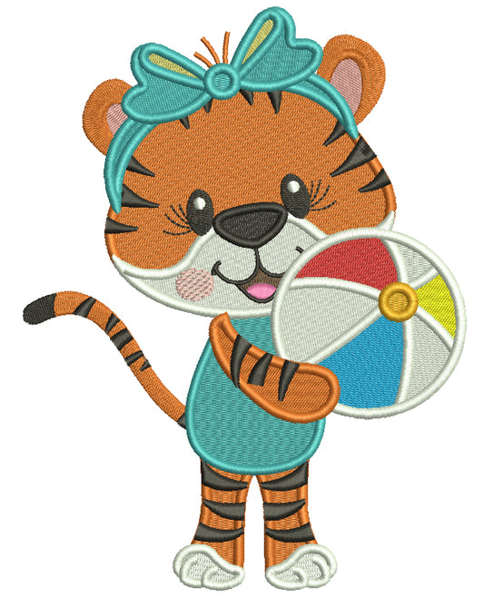 Tiger Girl With a Beach Ball Summer Filled Machine Embroidery Design Digitized Pattern