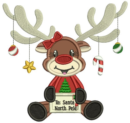 To Santa North Pole Cute Moose Christmas Applique Machine Embroidery Design Digitized Pattern