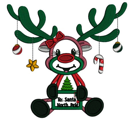 To Santa North Pole Cute Moose Christmas Applique Machine Embroidery Design Digitized Pattern