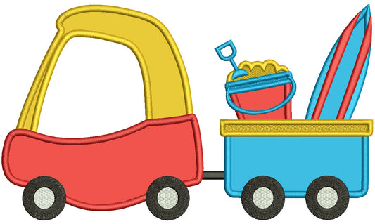 Toy Truck Pulling Wagon With Sand Bucket And Surfboard Summer Applique Machine Embroidery Design Digitized Pattern