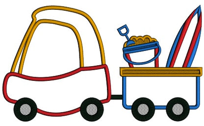 Toy Truck Pulling Wagon With Sand Bucket And Surfboard Summer Applique Machine Embroidery Design Digitized Pattern