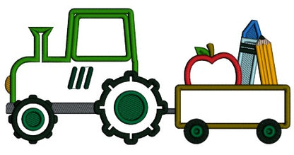 Tractor Carrying School Supplies And an Apple Applique Machine Embroidery Design Digitized Pattern