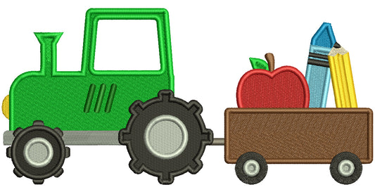 Tractor Carrying School Supplies And an Apple Filled Machine Embroidery Design Digitized Pattern