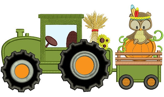 Tractor With Cute Owl and Big Pumpkin Applique Machine Embroidery Digitized Design Pattern