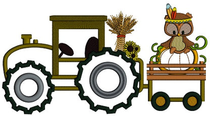 Tractor With Cute Owl and Big Pumpkin Applique Machine Embroidery Digitized Design Pattern