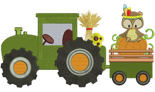 Tractor With Cute Owl and Big Pumpkin Filled Machine Embroidery Digitized Design Pattern