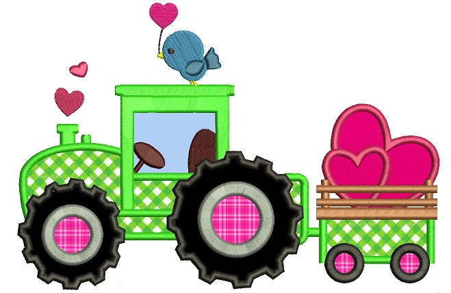 Tractor With Hearts and Bird Applique Machine Embroidery Digitized Design Pattern