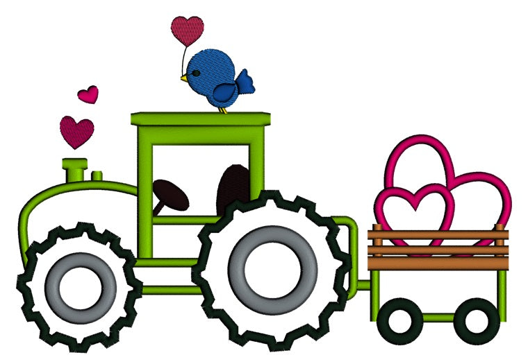 Tractor With Hearts and Bird Applique Machine Embroidery Digitized Design Pattern