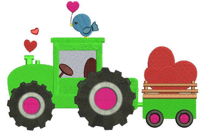 Tractor With Hearts and Bird Filled Machine Embroidery Digitized Design Pattern