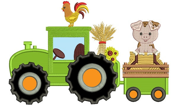 Tractor With a Piggy And Rooster Fall Applique Thanksgiving Machine Embroidery Design Digitized Pattern