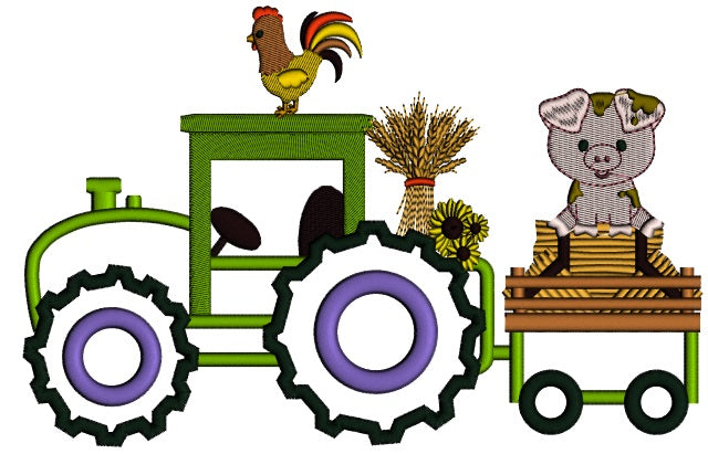 Tractor With a Piggy And Rooster Fall Applique Thanksgiving Machine Embroidery Design Digitized Pattern