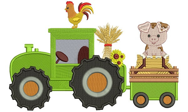 Tractor With a Piggy And Rooster Fall Filled Thanksgiving Machine Embroidery Design Digitized Pattern