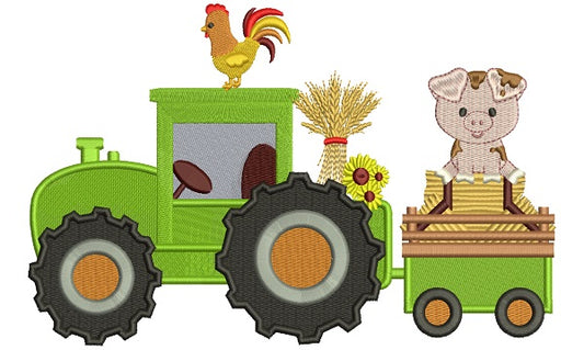 Tractor With a Piggy And Rooster Fall Filled Thanksgiving Machine Embroidery Design Digitized Pattern