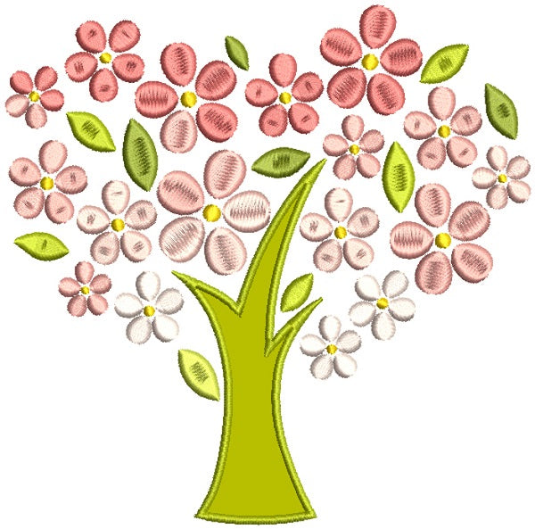 Tree With Flower Leaves Applique Machine Embroidery Design Digitized Pattern