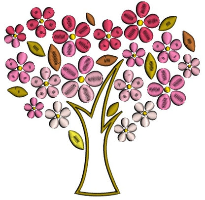 Tree With Flower Leaves Applique Machine Embroidery Design Digitized Pattern