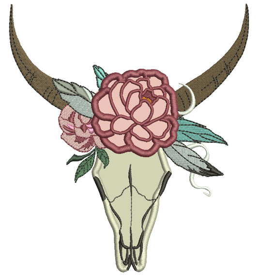 Tribal Boho Romantic Bull Skull and a Flower Applique Machine Embroidery Digitized Design Pattern