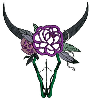 Tribal Boho Romantic Bull Skull and a Flower Applique Machine Embroidery Digitized Design Pattern