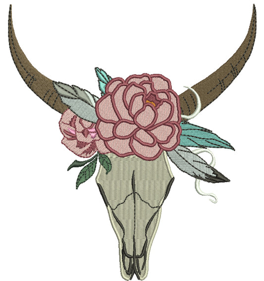 Tribal Boho Romantic Bull Skull and a Flower Filled Machine Embroidery Digitized Design Pattern