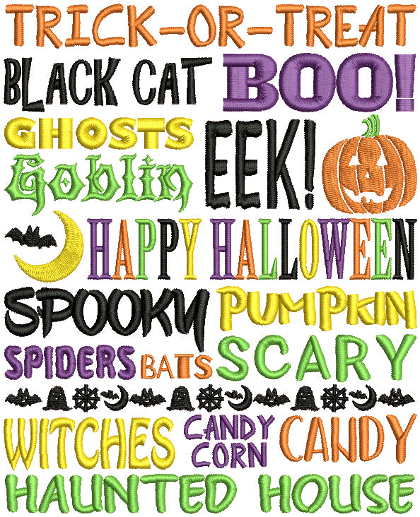 Trick Or Treat Black Cat Boo Ghost Goblin Eek Happy Halloween Filled Machine Embroidery Design Digitized Pattern