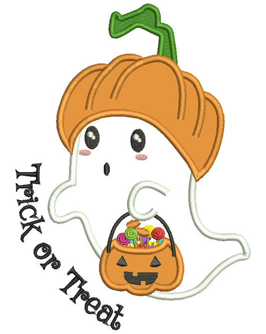 Trick Or Treat Cute Little Ghost With Candy Applique Machine Embroidery Design Digitized Pattern