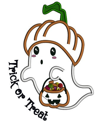 Trick Or Treat Cute Little Ghost With Candy Applique Machine Embroidery Design Digitized Pattern