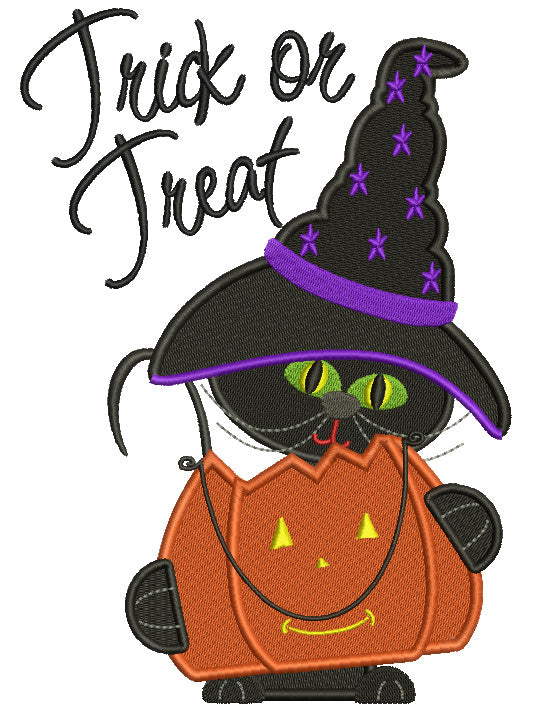 Trick or Treat Black Cat Wearing Witch Hat Holding Pumpkin Bag Halloween Filled Machine Embroidery Digitized Design Pattern