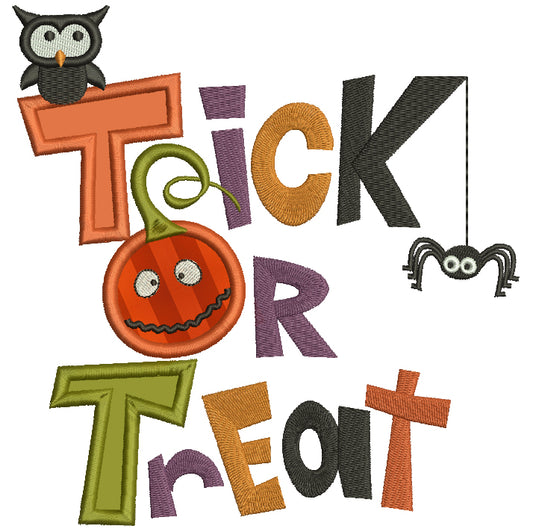Trick or Treat Pumpking Owl and a Spider Halloween Applique Machine Embroidery Digitized Design Pattern