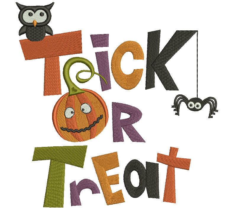 Trick or Treat Pumpking Owl and a Spider Halloween Filled Machine Embroidery Digitized Design Pattern