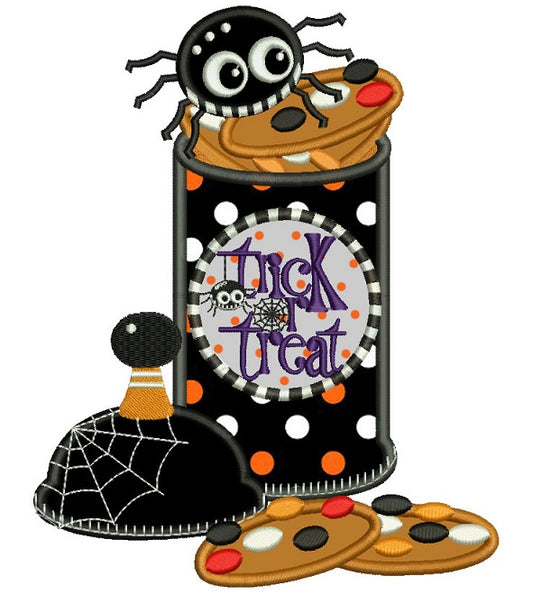 Trick or treat Spider Cookie Jar Halloween Applique Machine Embroidery Design Digitized Pattern