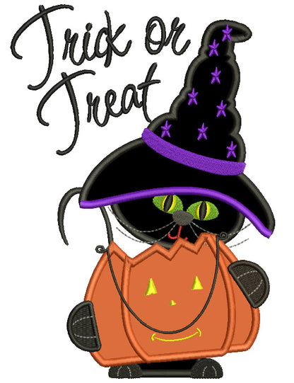 Trick or Treat Black Cat Wearing Witch Hat Holding Pumpkin Bag Halloween Applique Machine Embroidery Digitized Design Pattern