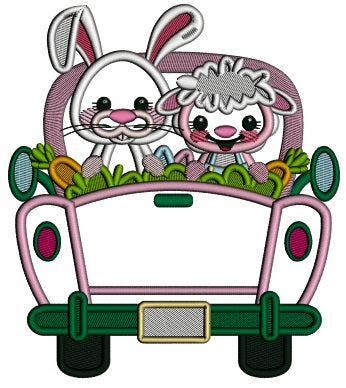 Truck With Bunny And a Sheep Easter Applique Machine Embroidery Design Digitized Pattern