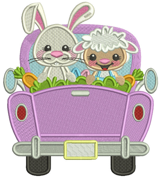 Truck With Bunny And a Sheep Easter Filled Machine Embroidery Design Digitized Pattern