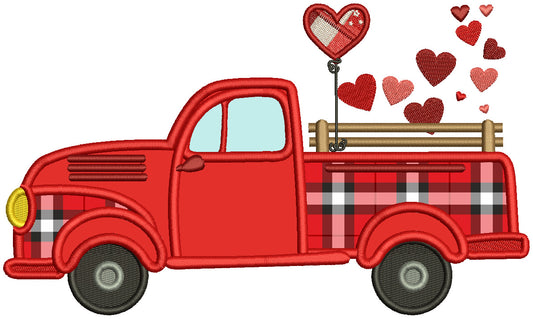 Truck With Heart Shape Balloons And Hearts Valentine's Day Applique Machine Embroidery Design Digitized Pattern