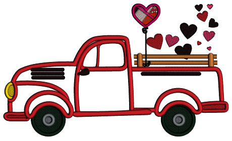 Truck With Heart Shape Balloons And Hearts Valentine's Day Applique Machine Embroidery Design Digitized Pattern