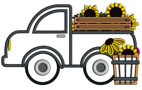 Truck With Sunflowers Fall Applique Machine Embroidery Design Digitized Pattern