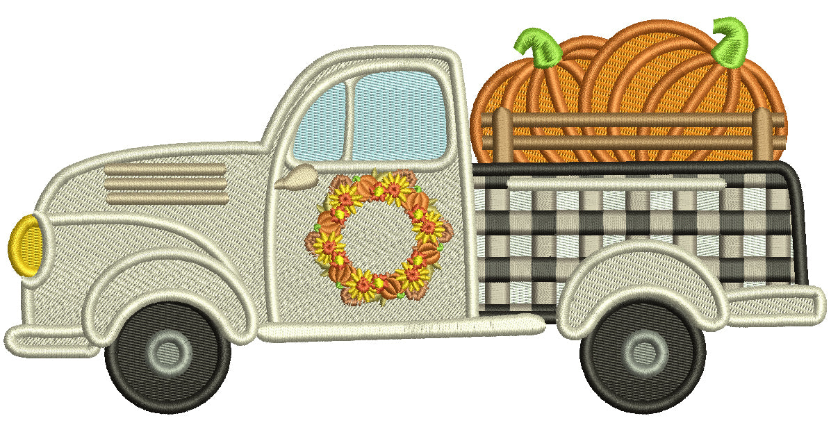 Truck With Two Pumpkins Fall Filled Machine Embroidery Design Digitized Pattern