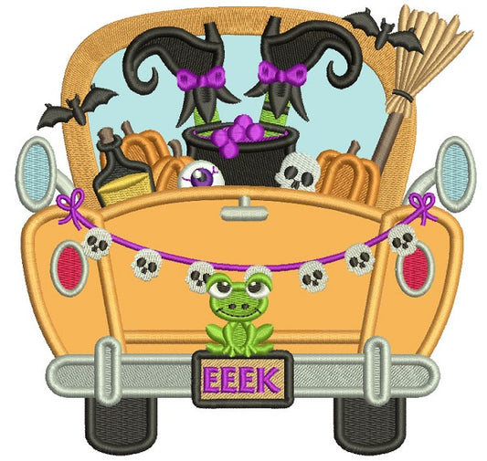 Truck With an Upside Down Witch Halloween Applique Machine Embroidery Design Digitized Pattern