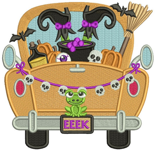 Truck With an Upside Down Witch Halloween Filled Machine Embroidery Design Digitized Pattern
