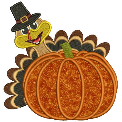 Turkey Behind a Big Pumpkin Thanksgiving Applique Machine Embroidery Design Digitized Pattern