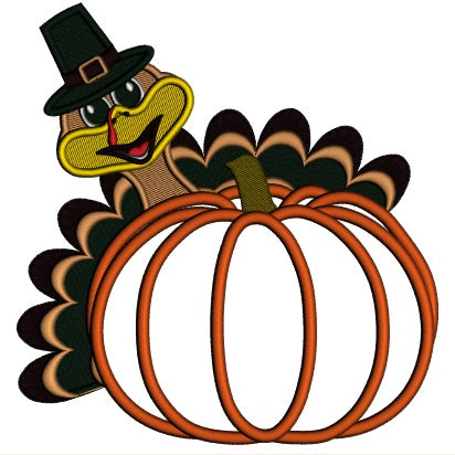 Turkey Behind a Big Pumpkin Thanksgiving Applique Machine Embroidery Design Digitized Pattern