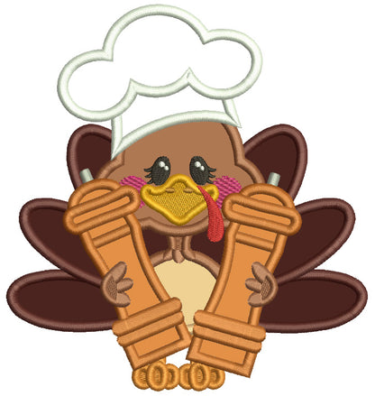 Turkey Cook Holding Salt And Pepper Shakers Thanksgiving Applique Machine Embroidery Design Digitized Pattern