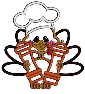 Turkey Cook Holding Salt And Pepper Shakers Thanksgiving Applique Machine Embroidery Design Digitized Pattern