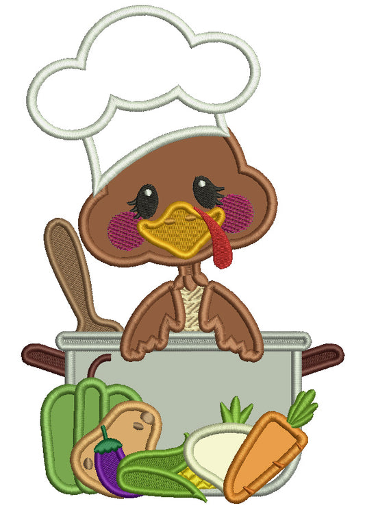 Turkey Cook With a Pot And Vegetables Thanksgiving Applique Machine Embroidery Design Digitized Pattern